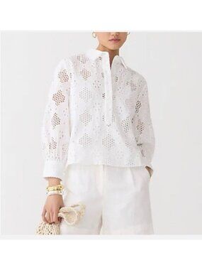 J. Crew White Eyelet Cotton-Blend Popover Blouse Size XL Long-Sleeve NWT